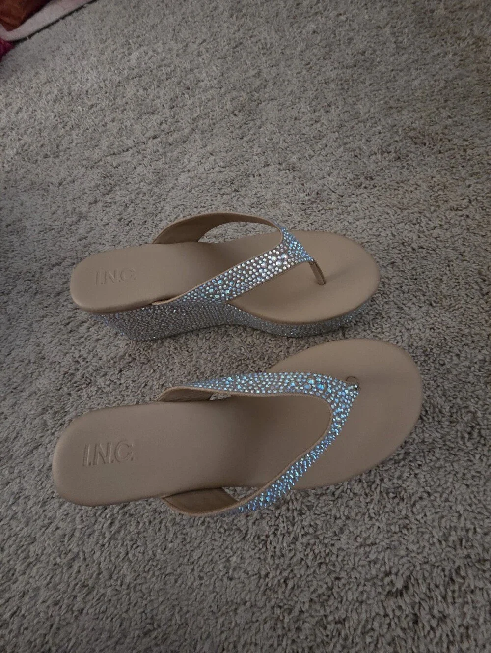 Beige Crystal Embellished Wedge Flip Flops - Brand: